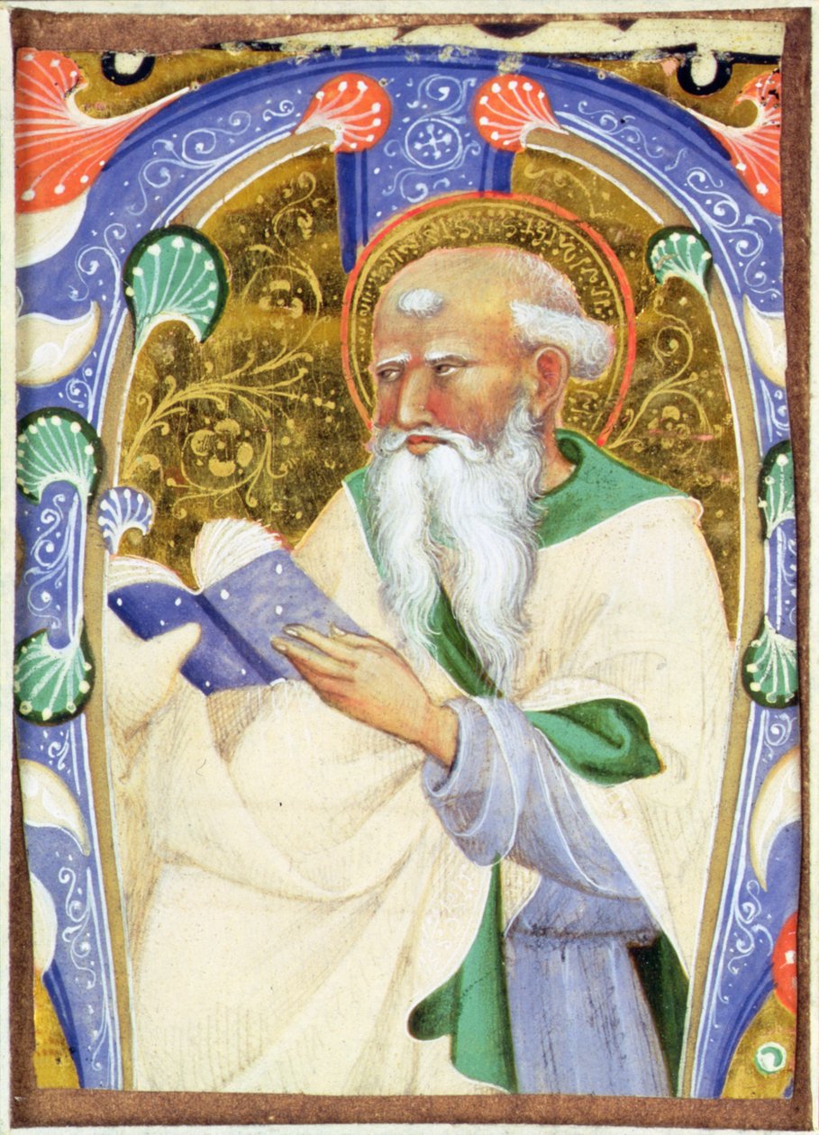 Historiated inicial M representando um santo barbudo com um livro de Master of San Michele of Murano