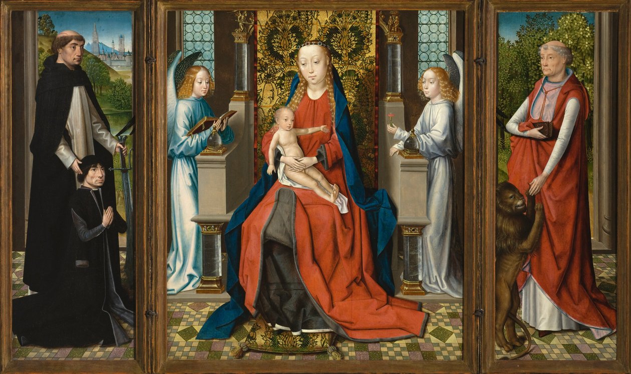 Tríptico de Madona e Criança com Anjos; Doador e seu patrono são Pedro Mártir; e São Jerônimo de Master of The Legend of St. Lucy