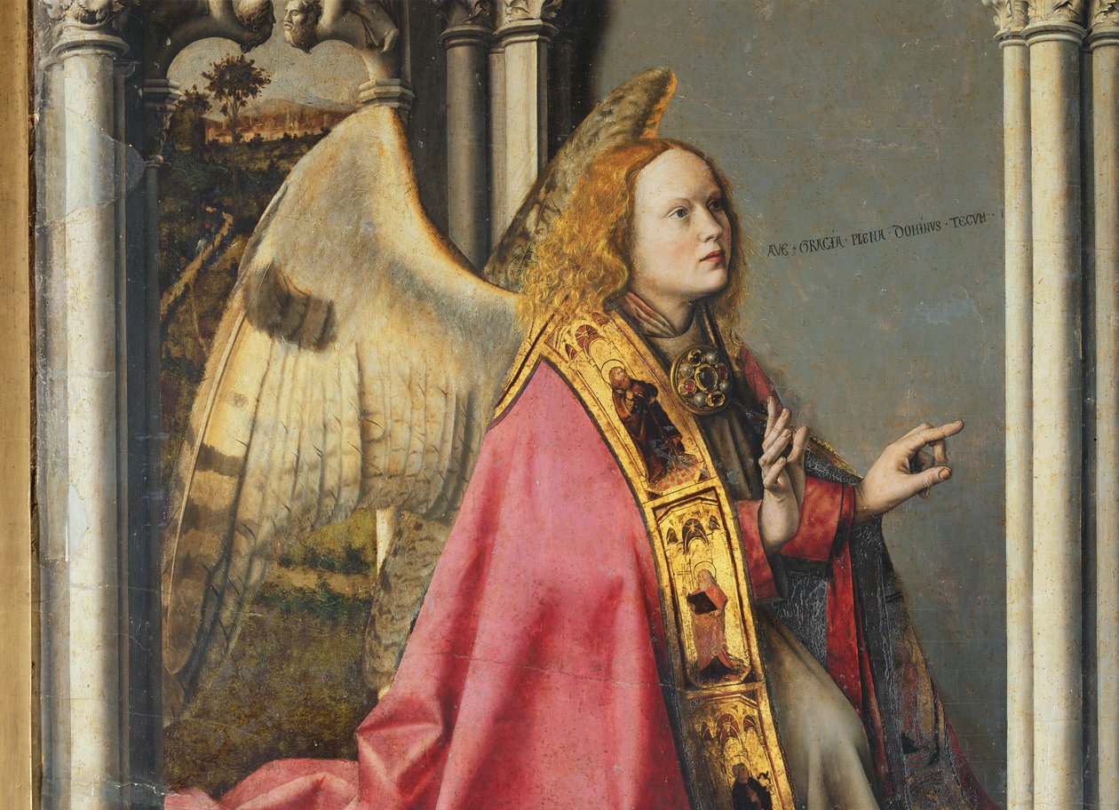 O Anjo, Gabriel, fazendo a Anunciação à Virgem Maria, c.1445 (detalhe de 26541) de Master of the Aix Annunciation