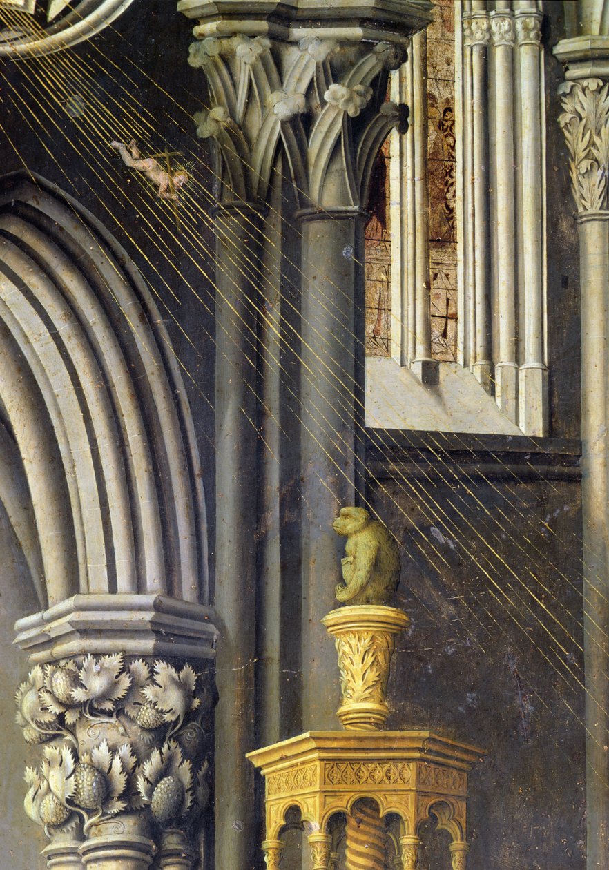 O menino Jesus cai de Deus Pai no céu em um raio de luz. c.1445 de Master of the Aix Annunciation