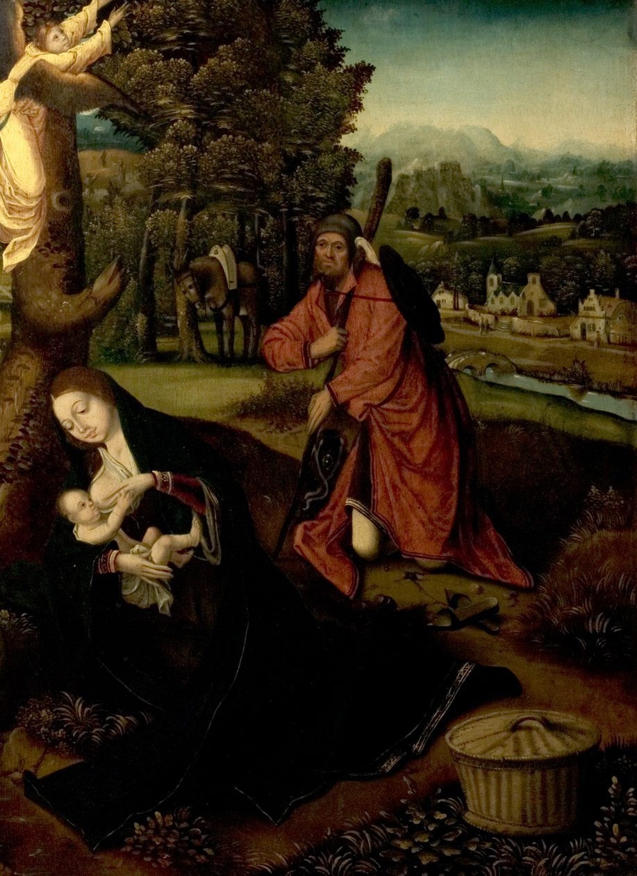 O resto na fuga para o Egito (virgem, criança e São José em uma paisagem) de Master of the Antwerp Adoration
