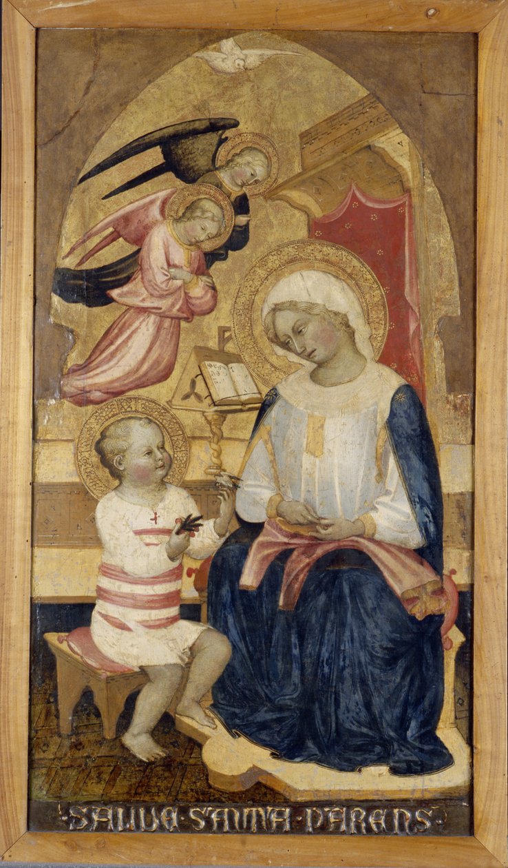 Maria com Jesus e dois anjos, c.1425 (têmpera sobre madeira) de Master of the Bambino Vispo