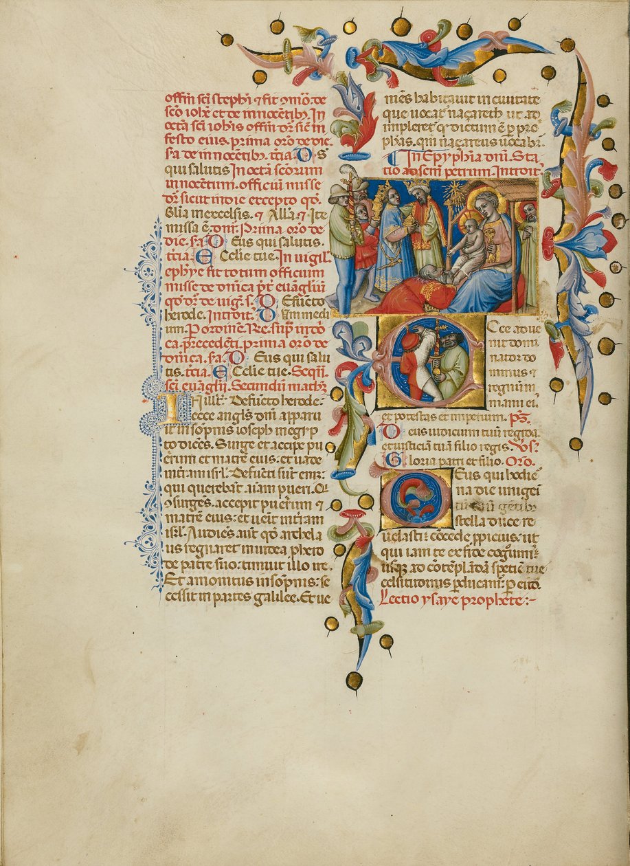 A Adoração dos Magos; Inicial E: Portadores de Espada de Master of the Brussels Initials