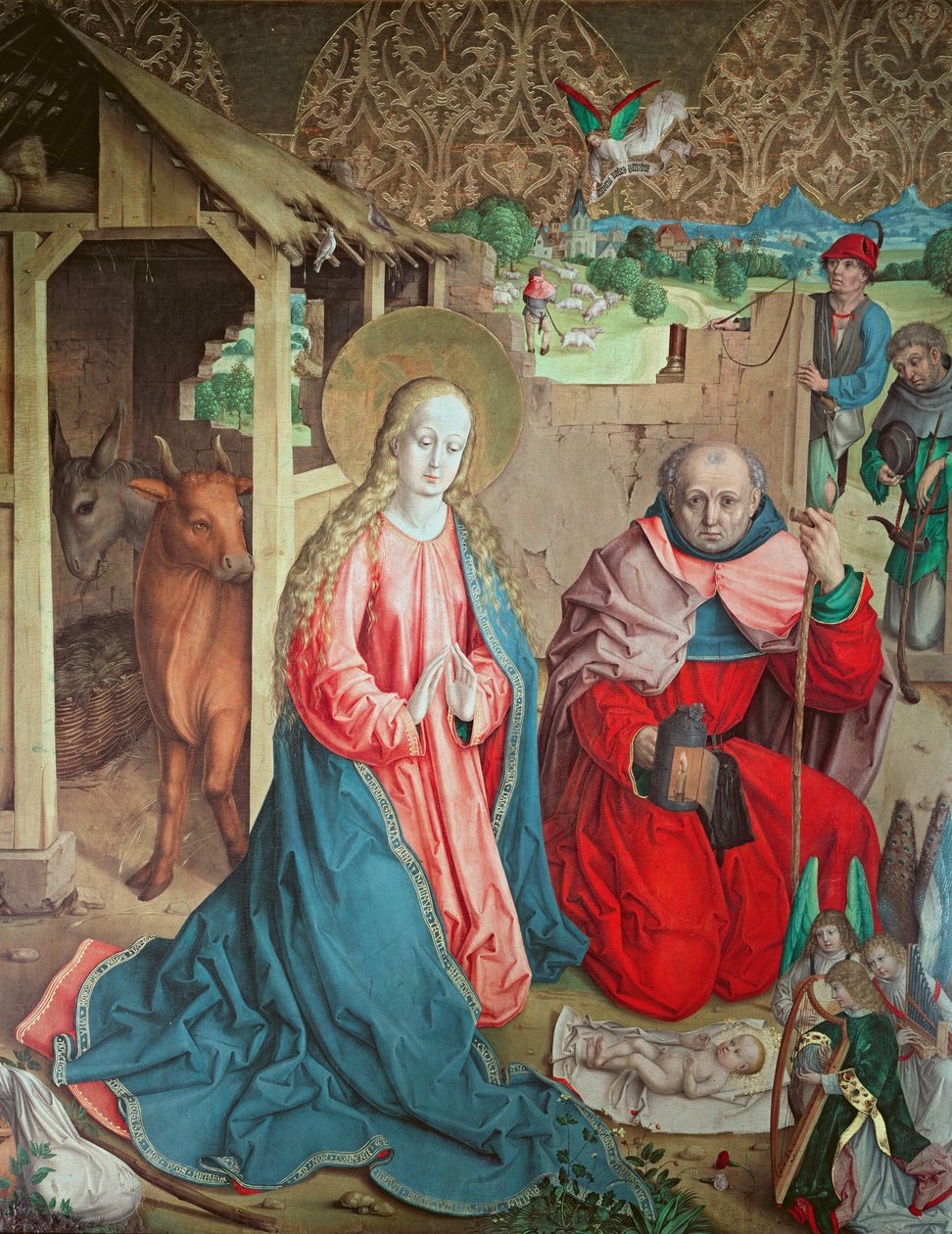 Adoração dos pastores, painel esquerdo do retábulo no altar-mor, 1480 de Master of the Carnation