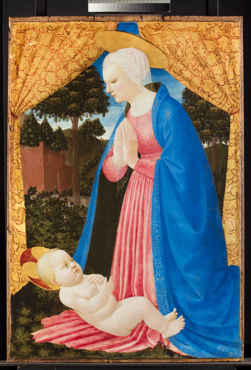 Virgin adorando a criança, final do século 15 (tempera com esmaltes de óleo e ouro no painel) de Master of the Castello Nativity