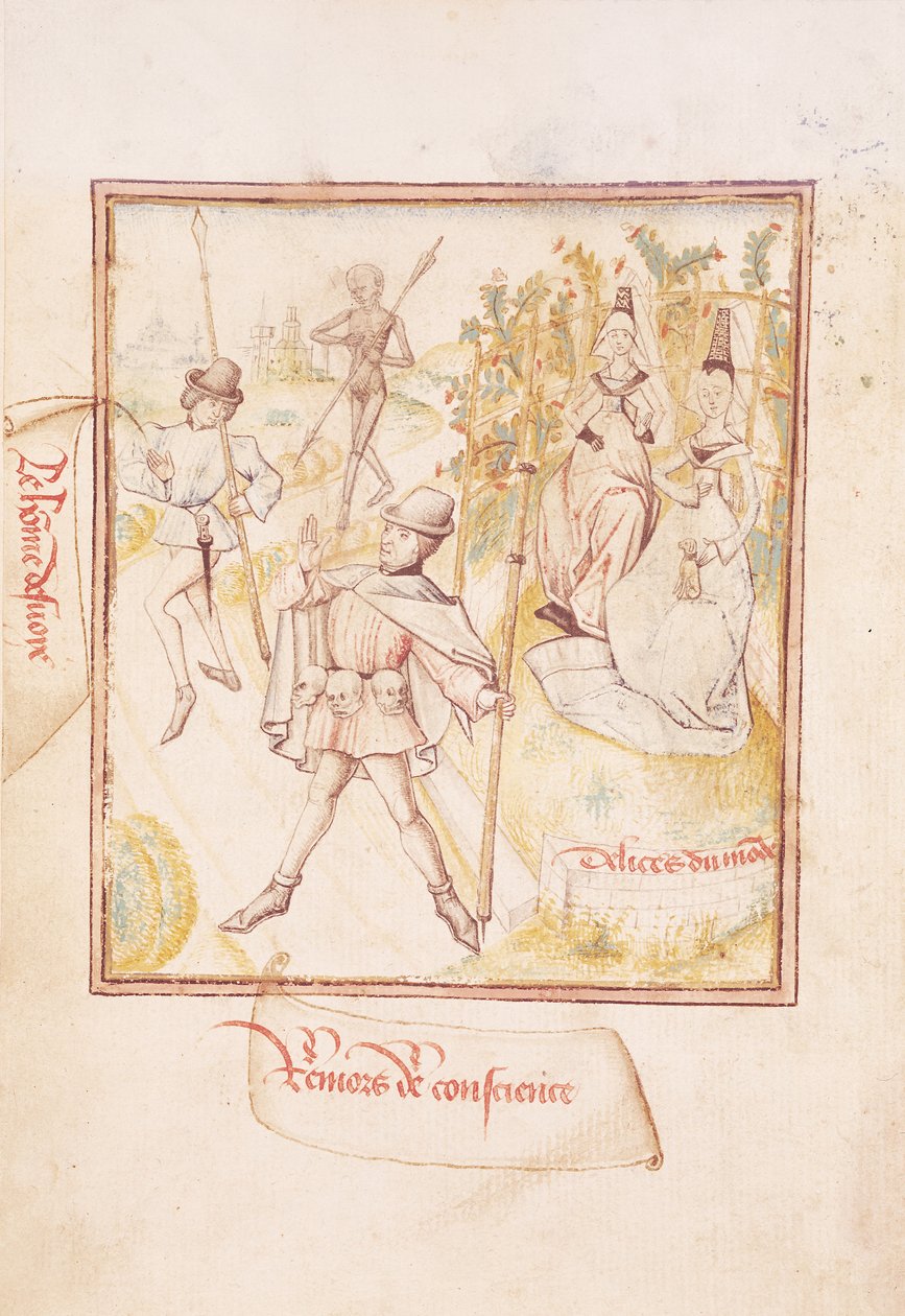 Ms 410 fol.24v O homem desviou-se tendo segundos pensamentos e as maravilhas do mundo, de &39;Le Miroir de la Mort&39;, c.1460 de Master of the Champion des Dames