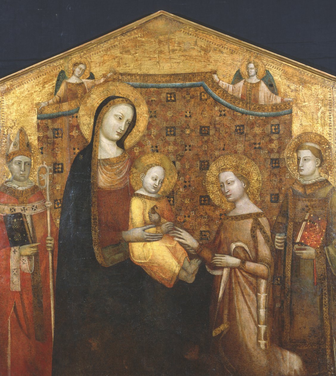 Casamento Místico de Santa Catarina de Alexandria, com Santos Zenobio e Leonard (têmpera no painel) de Master of the Christchurch Coronation