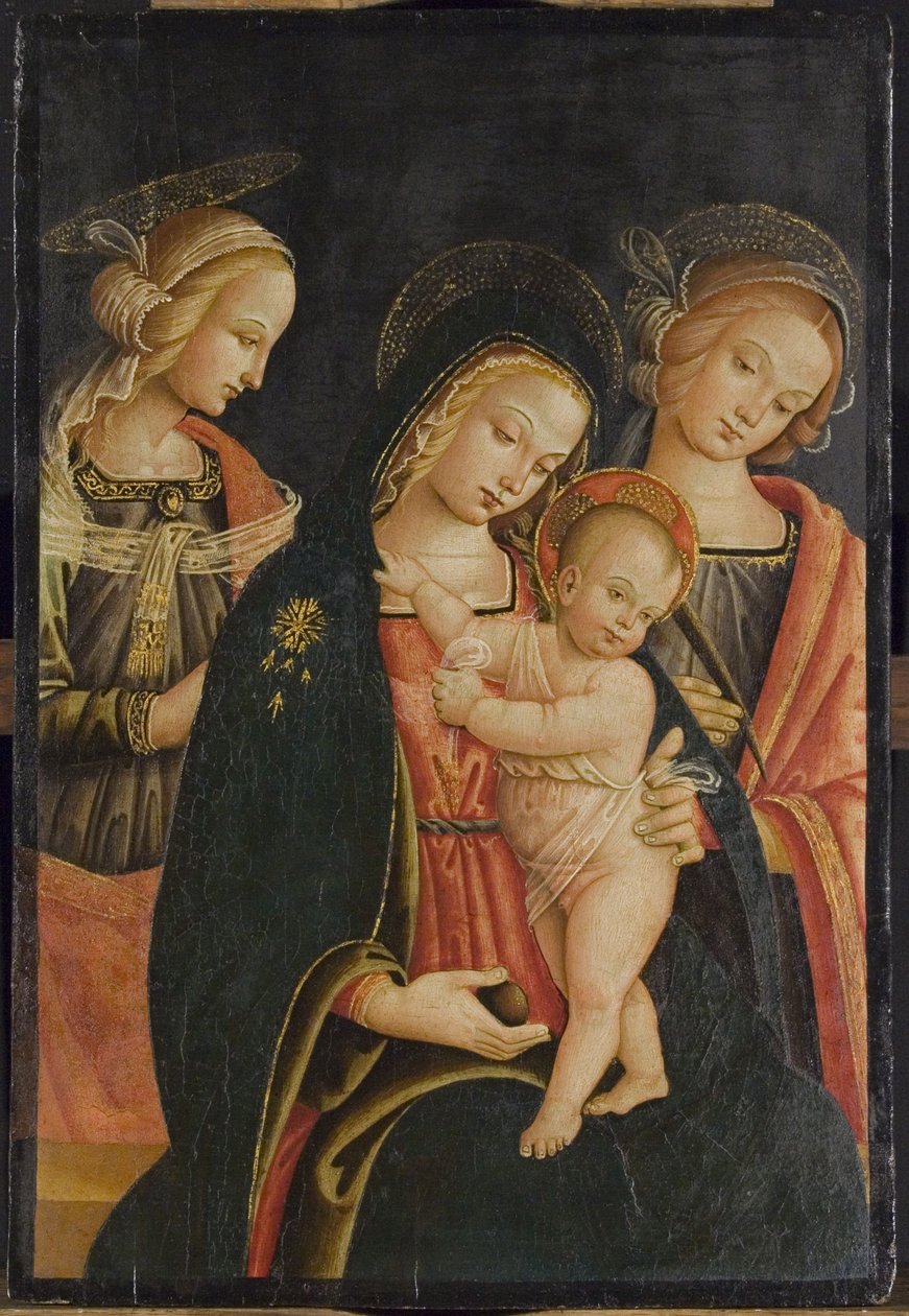 A Madona e a Criança com Dois Santos Femininos, c.1500 de Master of the Cortona Tondo