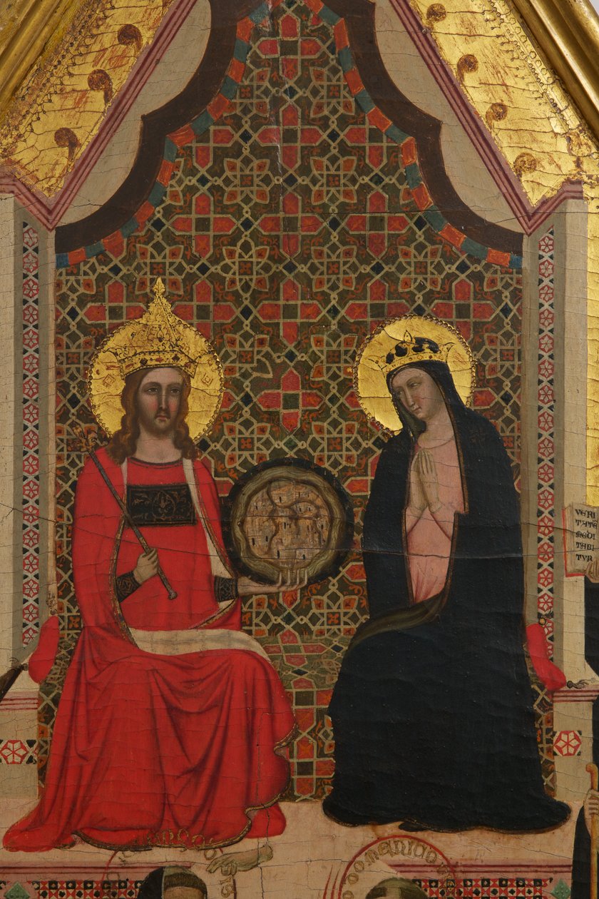 Detalhe da Virgem, Cristo e 17 Saints tempera no painel de Master of the Dominican Effigies