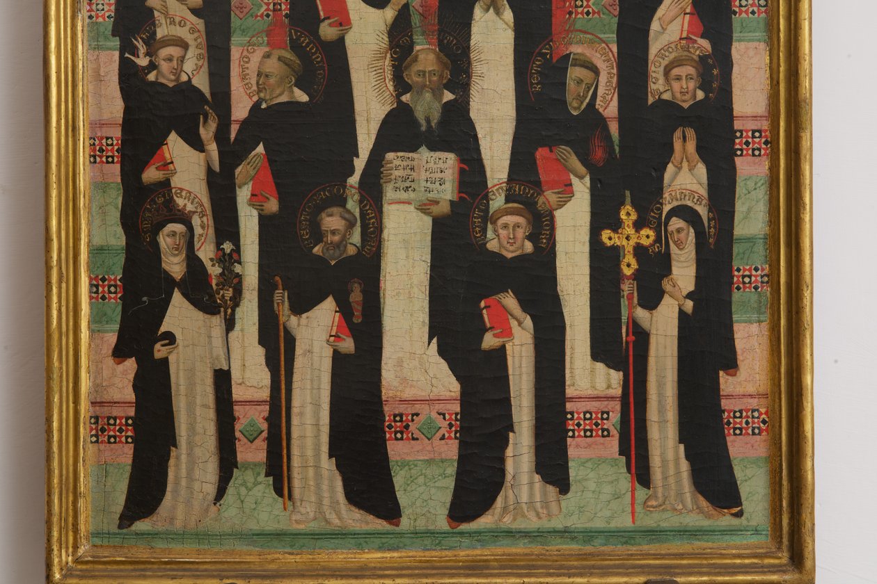 Detalhe da Virgem, Cristo e 17 Saints tempera no painel de Master of the Dominican Effigies