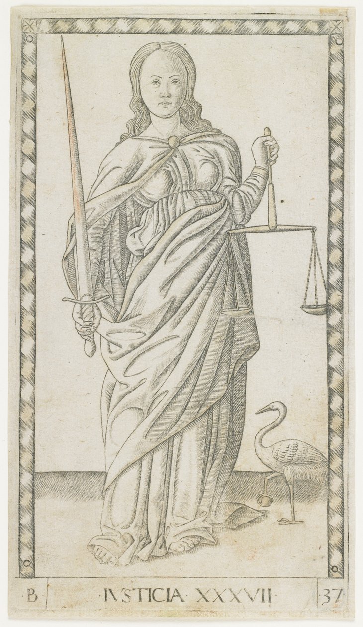 Justiça, c.1465 (gravura aumentada com ouro) de Master of the E Series Tarocchi Master of the E Series Tarocchi
