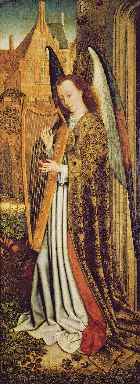 A Virgem e Criança com Anjos, painel da direita representando um músico anjo de Master of the Embroidered Foliage