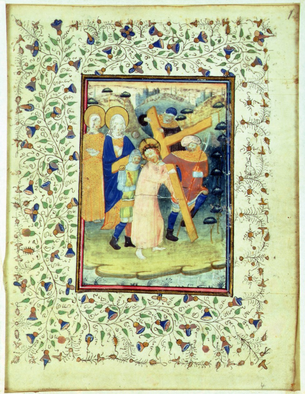 O transporte da cruz, de um livro de horas, Bruges de Master of the Embroidered Foliage