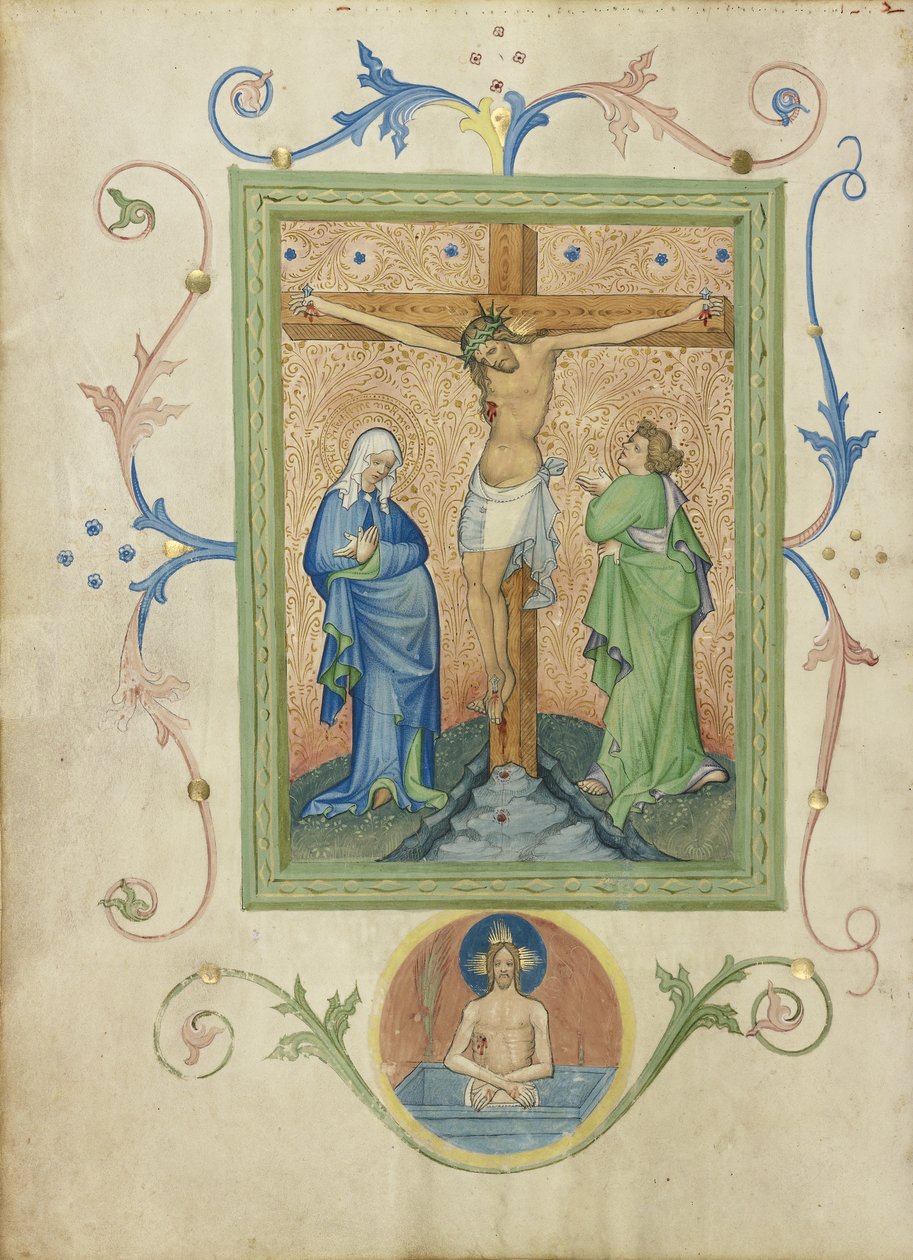 A Crucificação do missal Collegium Ducale, c.1420-30 (cores de têmpera, folha de ouro e tinta no pergaminho) de Master of the Kremnitz Stadtbuch