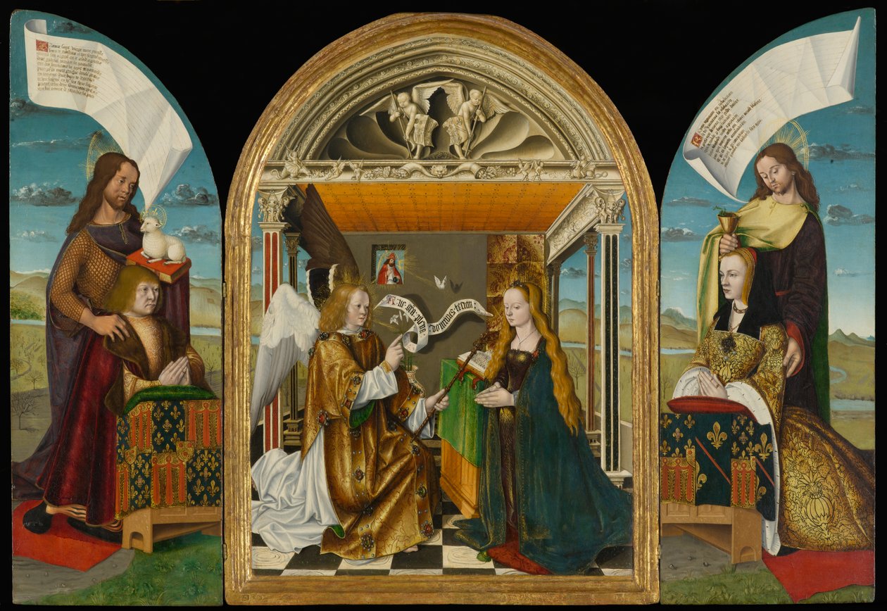 A Anunciação com Santos e Doadores, chamada O Tríptico Latour dAuvergne, c.1497 (têmpera e óleo no painel) de Master of the Latour dAuvergne Triptych Master of the Latour dAuvergne Triptych