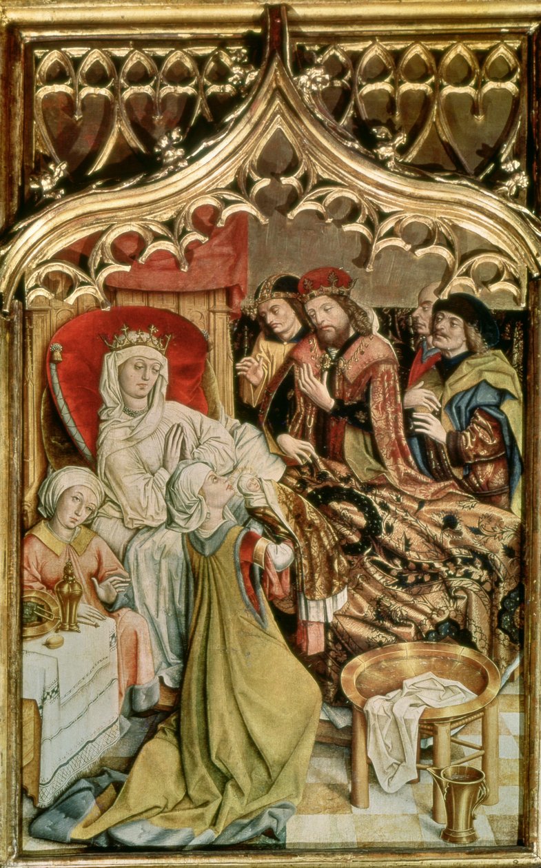 O Retábulo de Santa Isabel, detalhe representando o nascimento de Santa Isabel (1207-31) 1474-77 (têmpera no painel) de Master of the Legend of St. Elizabeth