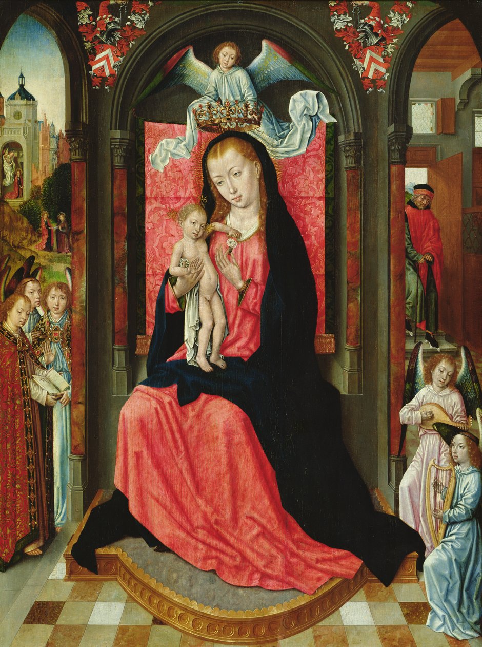 Madonna entronizada cercada de anjos de Master of the Legend of St. Ursula