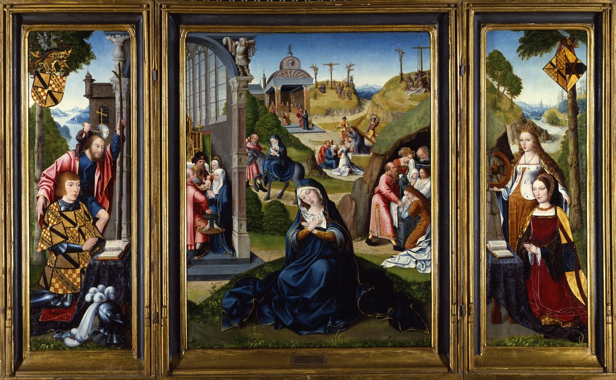 O Tríptico Ashwellthorpe das Sete Dores de Maria, retratando cenas da vida da Virgem, com painéis laterais representando dois doadores com SS. Catherine e Christopher, c.1520 de Master of the Legend of the Magdalen