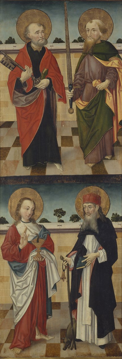 Parte superior: São Pedro segurando uma chave e São Paulo segurando uma espada; Abaixo: São João Evangelista Segurando um Cálice Contendo uma Serpente e Santo Antônio, o Grande Segurando uma Haste de Peregrinos com um Porco aos Seus Pés, de Master of the Luneburg Footwashers