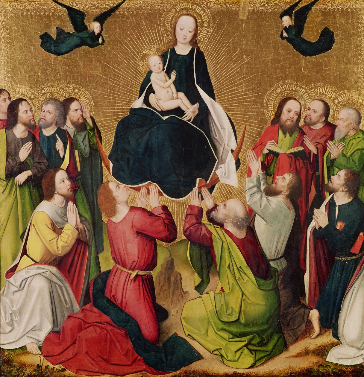 A Virgem em Glória com os Apóstolos, painel central de um tríptico, final do século XV (painel) de Master of the Lyversberg Passion