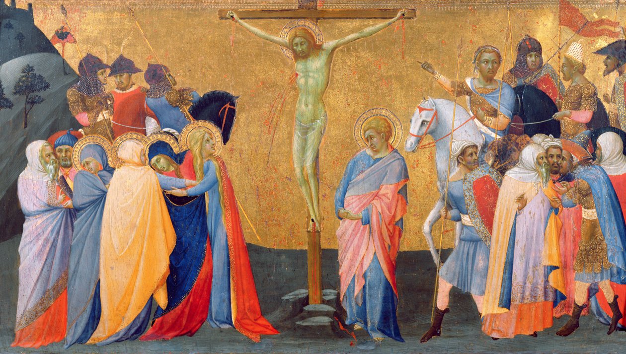 A Crucificação, de um painel predella (tempera no painel) de Master of the Madonna of San Pietro of Ovila