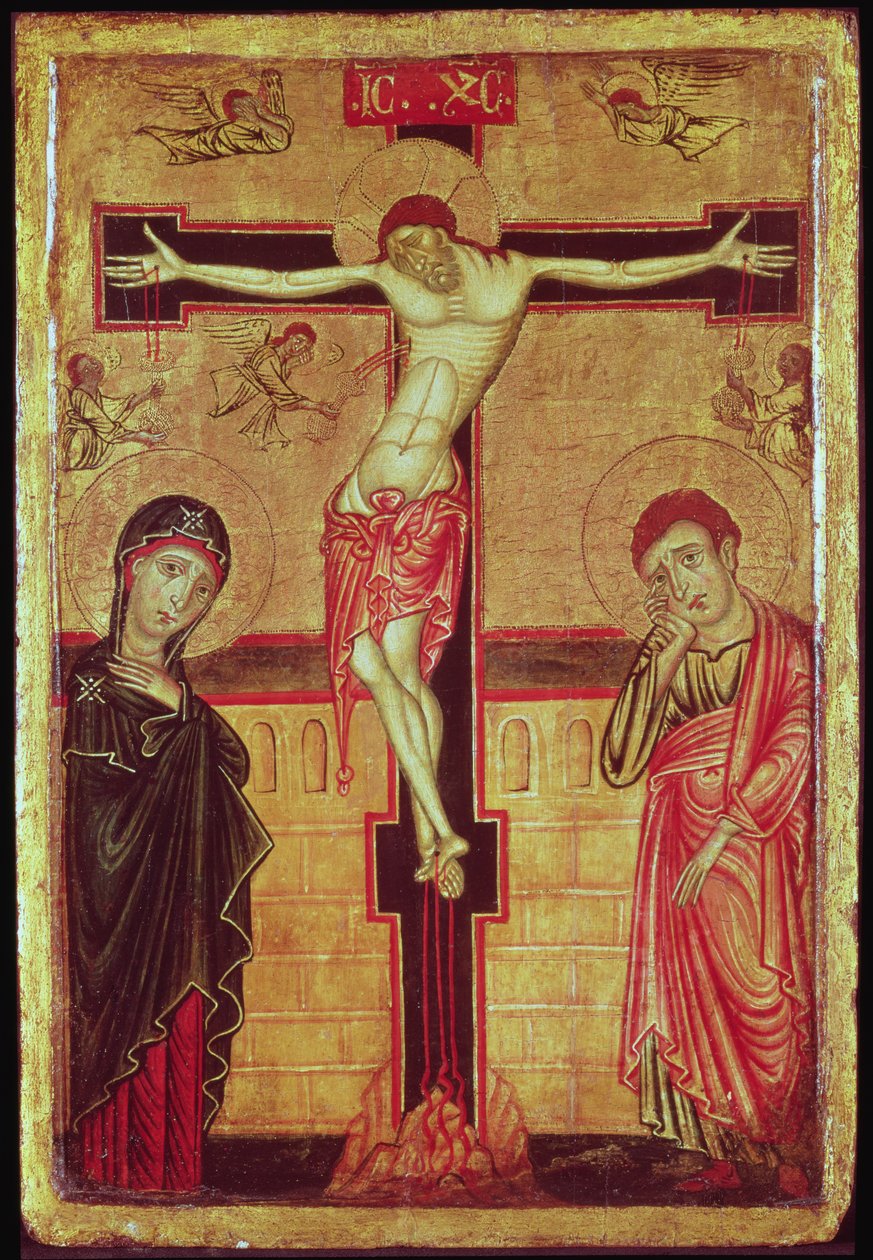 Cristo na Cruz, com a Virgem Maria, São João Evangelista e Cinco Anjos (têmpera no painel) de Master of the Magdalene Altarpiece