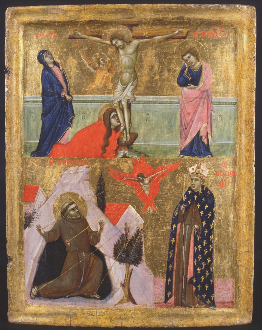 Crucificação e os estigmas de São Francisco de Assis e St Lodovico de Toulouse (têmpera no painel) de Master of the Sterbini Diptych