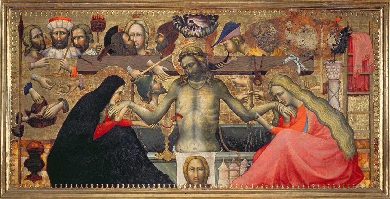 Homem das Dores com instrumentos da Paixão (tempera no painel) de Master of the Straus Madonna