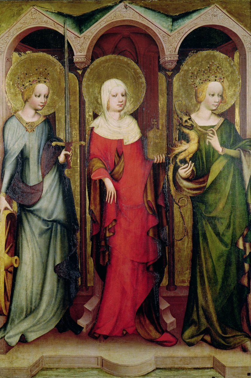 Santa Catarina de Alexandria, Santa Maria Madalena e Santa Margarida de Antioquia, c.1380 (têmpera no painel) de Master of the Trebon Altarpiece