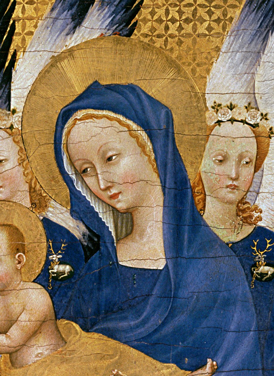 Virgem e Criança, c.1395-99 (têmpera de ovo em carvalho) (detalhe de 3028) de Master of the Wilton Diptych