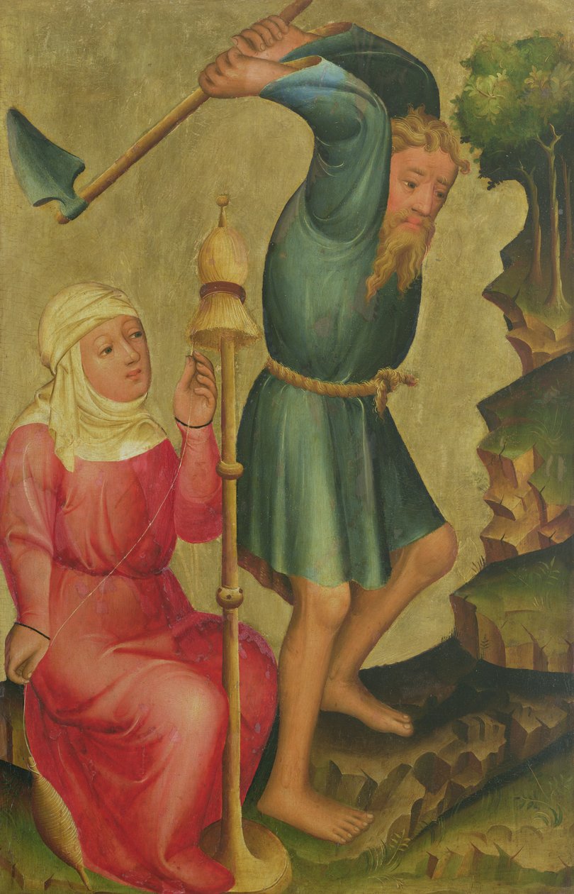 Adão e Eva no trabalho, detalhe do retábulo de Grabow, 1379-83 (têmpera no painel) de Master Bertram of Minden