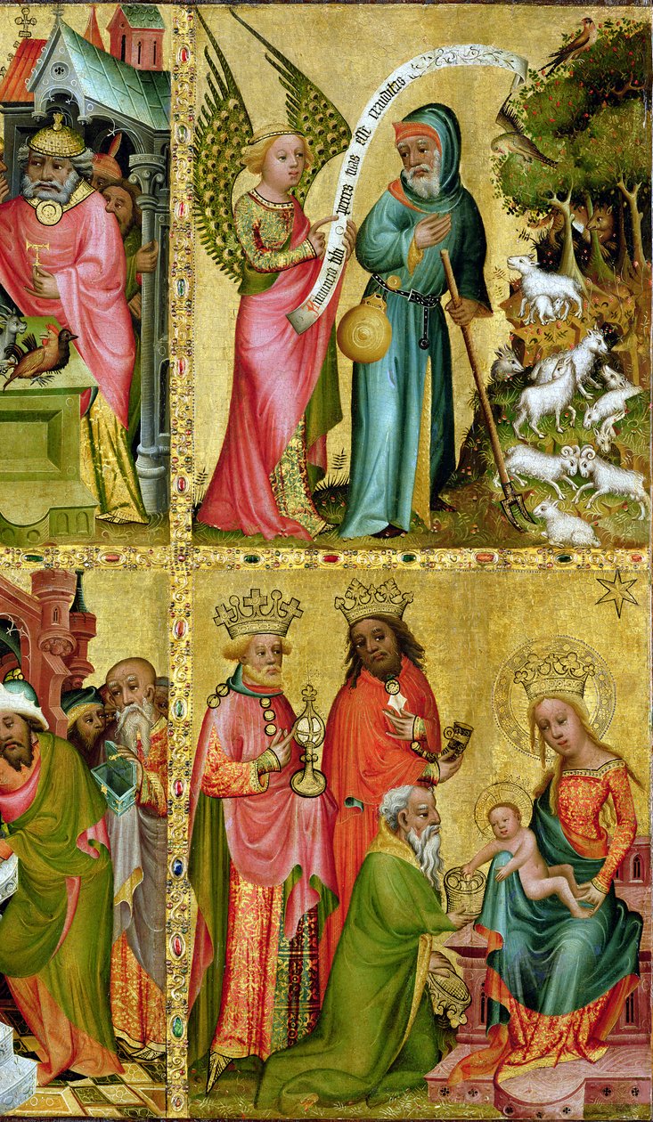 A Anunciação a São Joaquim e a Adoração dos Magos, da ala esquerda do altar de Buxtehude, 1400-10 (têmpera no painel) (detalhe de 159469) de Master Bertram of Minden