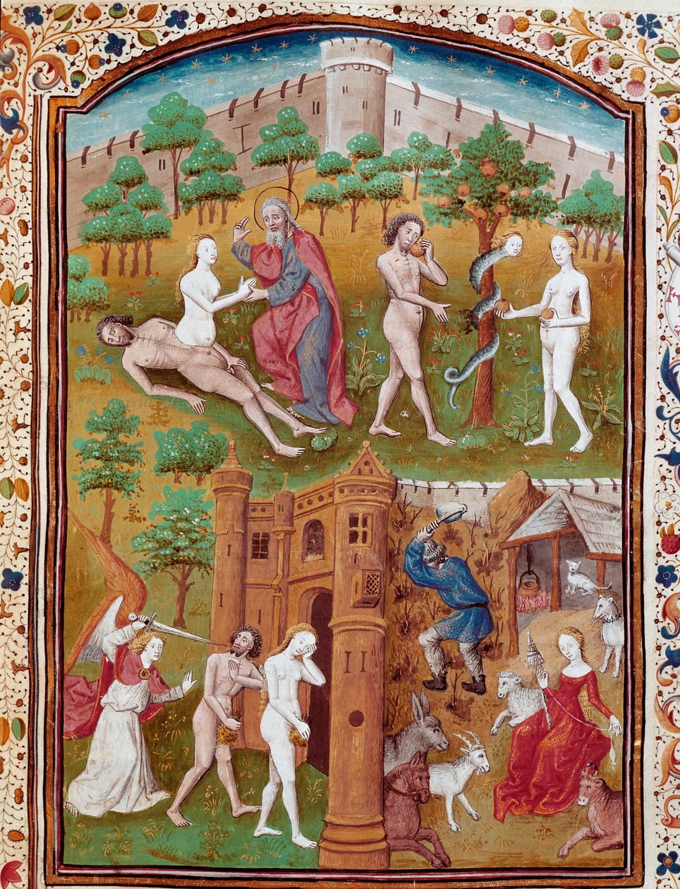 Nascimento de Eva da costa de Adão, Adão e Eva colhendo os frutos defendidos e depois caçadas do Paraíso Miniatura tirada de "Casos de homens e mulheres nobres infelizes" (De casibus) por Giovanni Boccaccio dit Jean Boccace (1313-1375), escritor italiano,  de Master Dunois