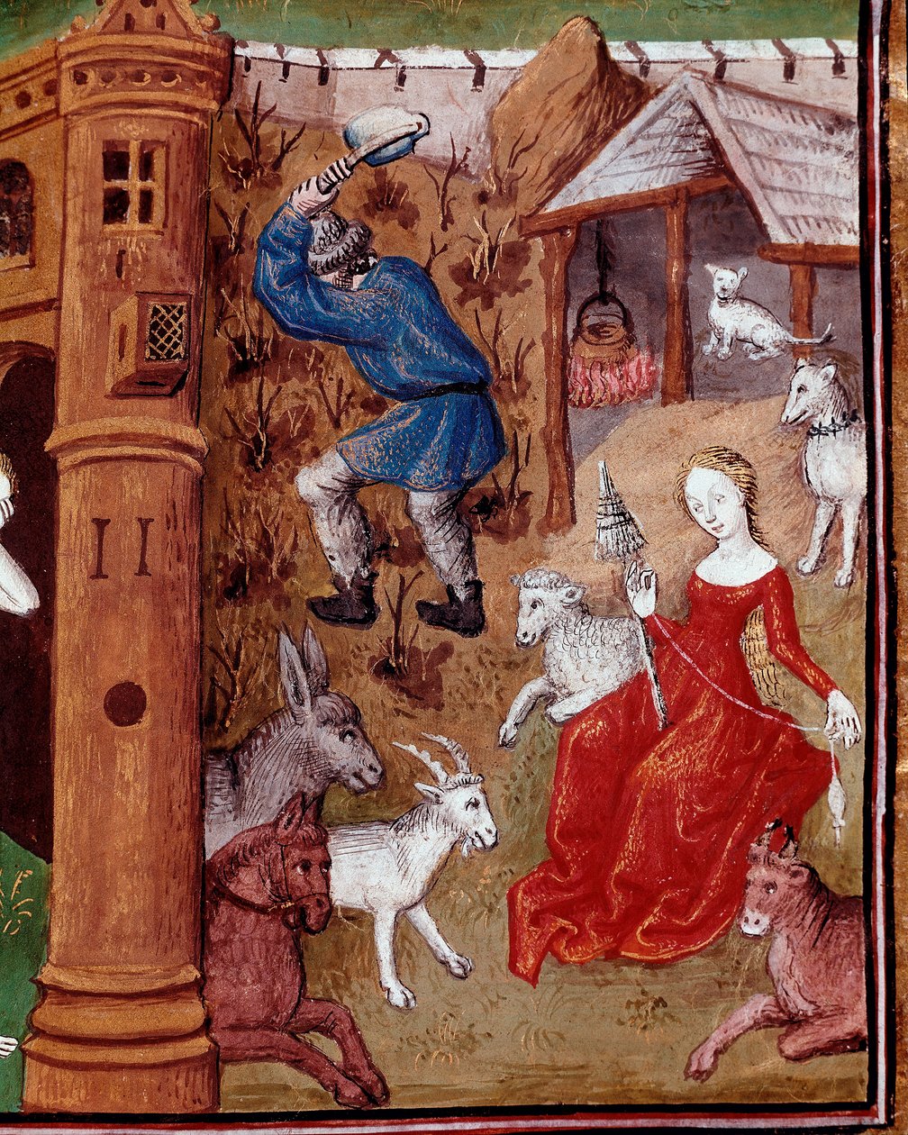 Representação de Adão colhendo a terra e Eva girando a lã depois de ter sido caçado do Paraíso terrestre. Miniatura tirada de "Des cas cas des des nobles hommes et femmes infortunes" (De casibus) de Giovanni Boccaccio dit Jean Boccace (1313-1375), Itali de Master Dunois