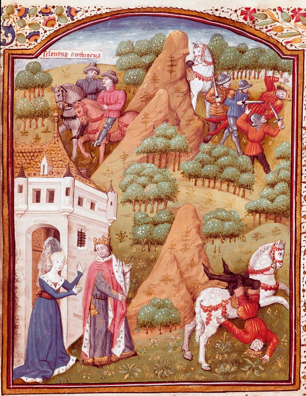 Seleucos (Seleucus) I Nicator e seu pai Antiochos (Antiochus) rei da Ásia e da Síria Um dos dois reis é assassino, queda de cavalo. Miniatura tirada de "Des cas cas des nobles hommes et femmes infortunes" (De casibus) de Giovanni Boccaccio dit Jean Bo de Master Dunois
