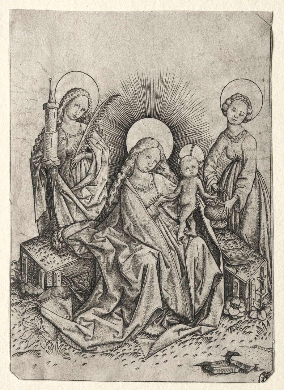 Madonna e criança em um jardim entre St. Barbara e st. Dorothy de Master ES