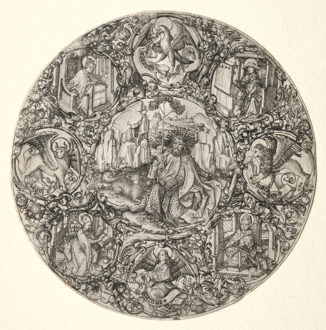 São João Batista Rodeado pelos Evangelistas e Quatro Padres da Igreja Latina, 1466. de Master E. S.