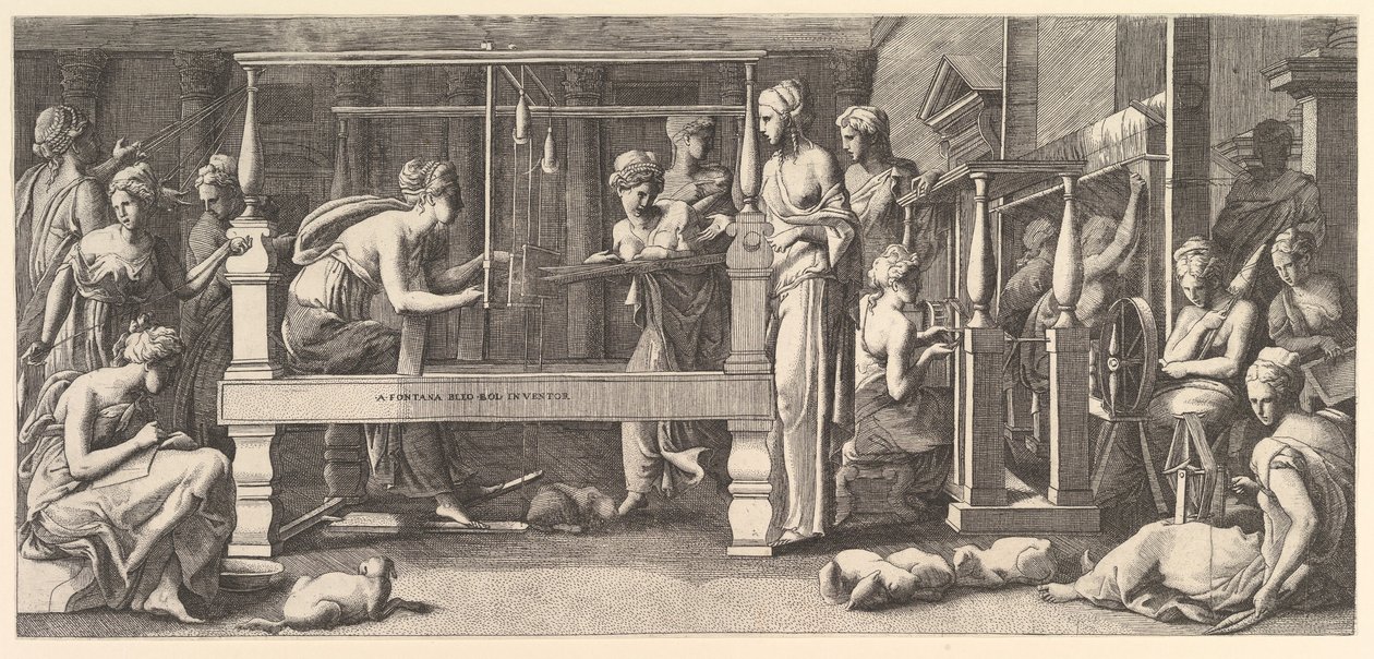 Mulheres a girar, a tecer e a coser, 1540-50. de Master FG