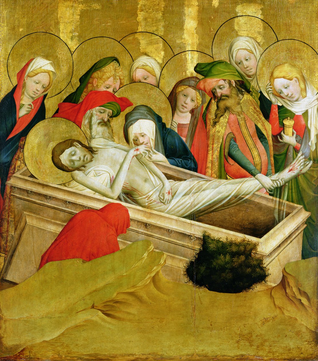 The Entombment, painel do St. Thomas Altar da St. John&39;s Church, Hamburgo, iniciado em 1424 (tempera und oil on panel) (ver 144553 para detalhes) de Master Francke
