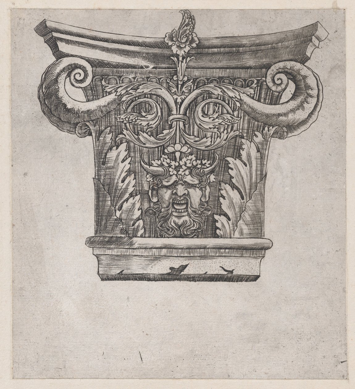 Speculum Romanae Magnificentiae: Capital com volutas de peapod e cabeça de sátiro, ca. 1537., ca. 1537. de Master GA