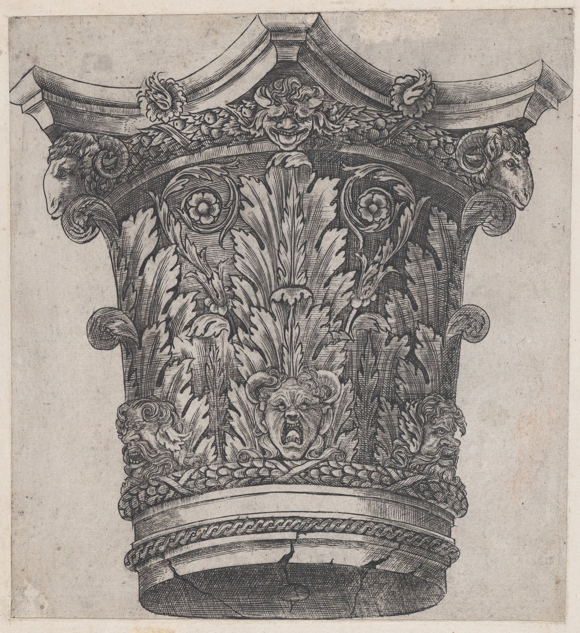Speculum Romanae Magnificentiae: Capital com cabeças de carneiro e máscaras, ca. 1537., ca. 1537. de Master GA