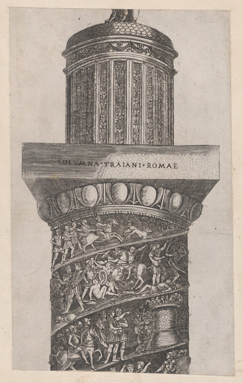 Speculum Romanae Magnificentiae: A parte superior da Coluna de Trajano, mostrando ara..., século XVI. de Master GA