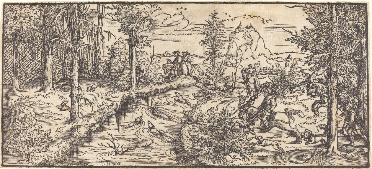 Caça ao veado em uma paisagem de Master H.W.G.