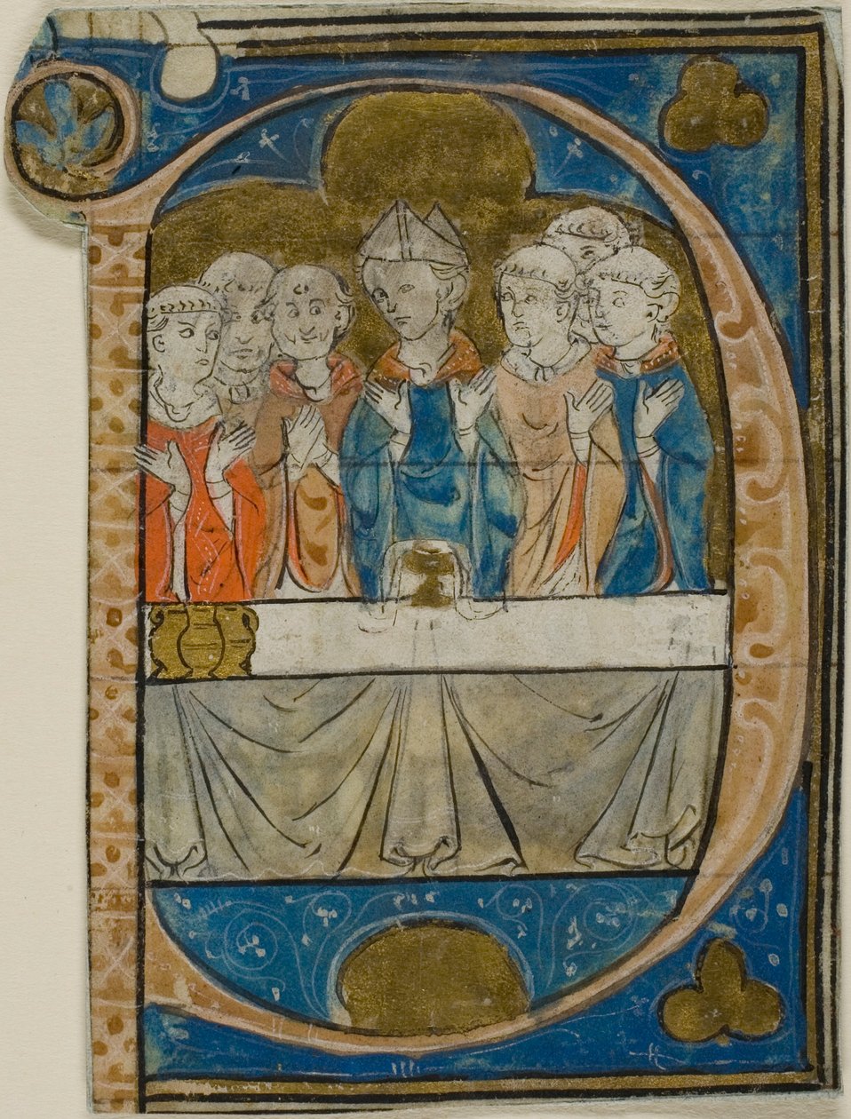 Bispo na missa em uma inicial historiada "P" de um livro de coro de Master Honoré