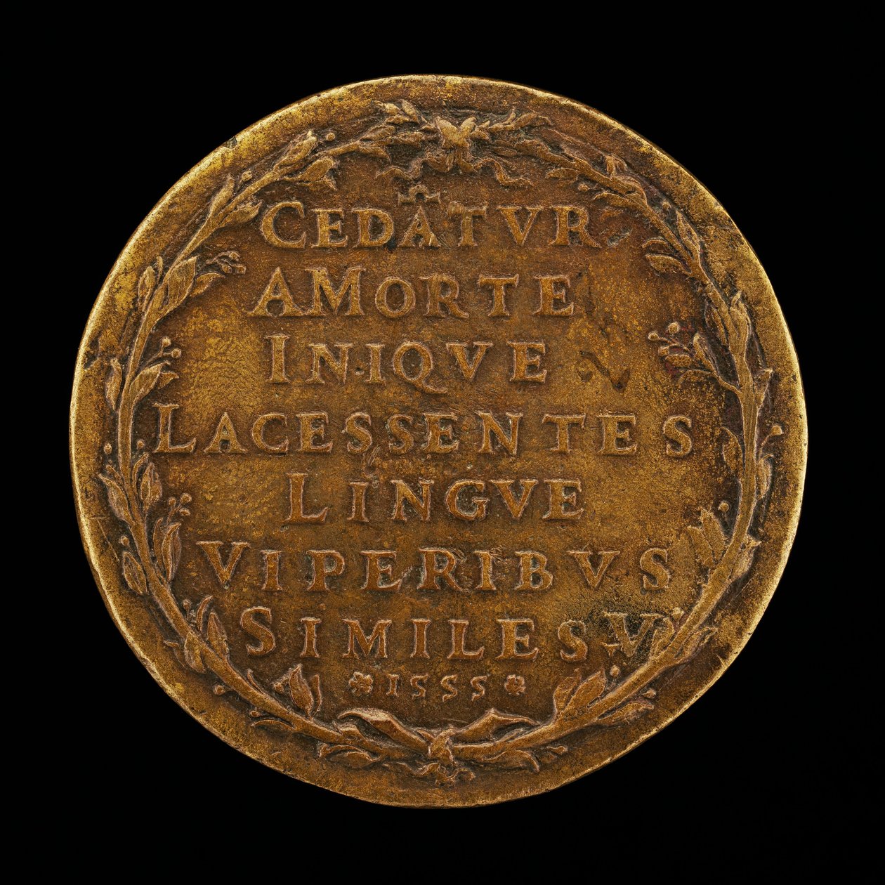 Inscrição em uma coroa de louros [reverso], 1555. de Master I.A.V.F.
