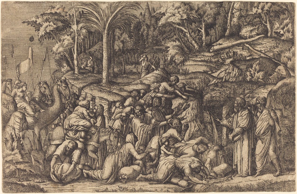 Moisés batendo na rocha de Master IV after Francesco Primaticcio