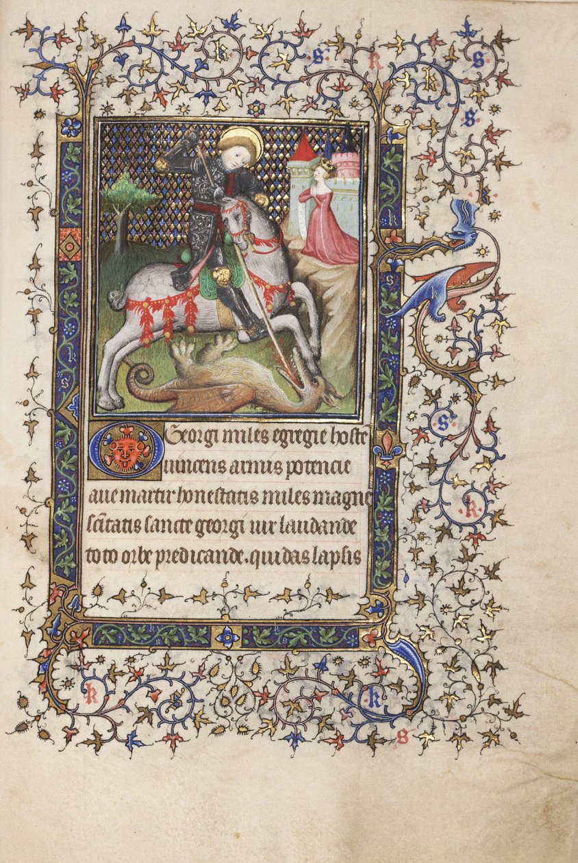MS Widener 4 f.188r, St. George Fighting the Dragon, de um Livro das Horas, uso de Rennes, c.1405 (caneta e tinta e têmpera em pergaminho) de Master Lucon