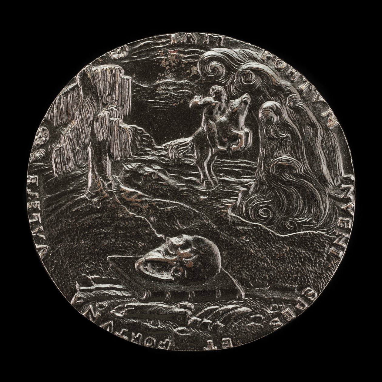 Book, Skull, Bones, and Rider in Landscape [reverso], 1526. de Master M.P.