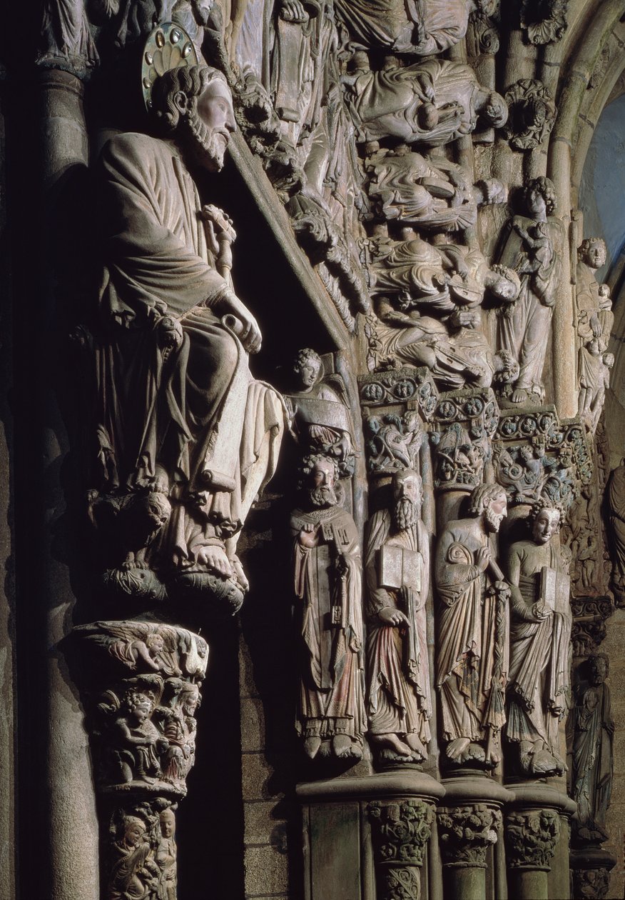 Detalhe, de, a, portico, de, la, Gloria, descrevendo, st james, 12º século, pedra de Master Mateo