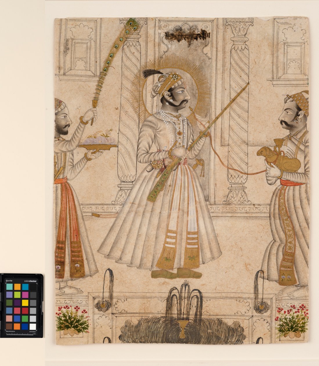Maharana Amar Singh II fumando um anzol em forma de ovelha, c.1705 (aguarela opaca e ouro sobre papel) de Master Stipple